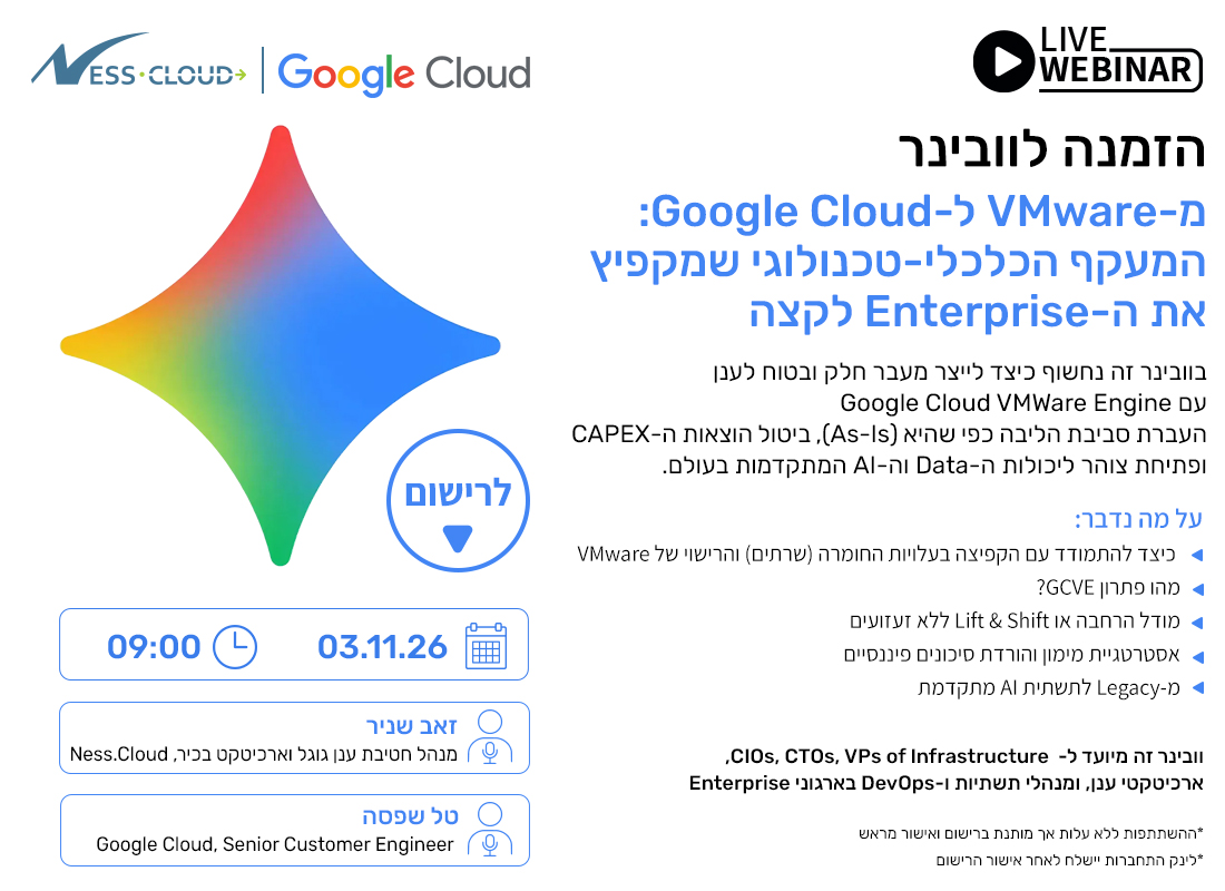 מ- VMware 
ל- Google Cloud
המעקף הכלכלי-טכנולוגי שמקפיץ את ה-Enterprise לקצה