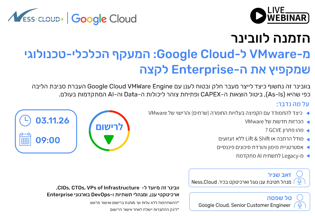 מ- VMware 
ל- Google Cloud
המעקף הכלכלי-טכנולוגי שמקפיץ את ה-Enterprise לקצה